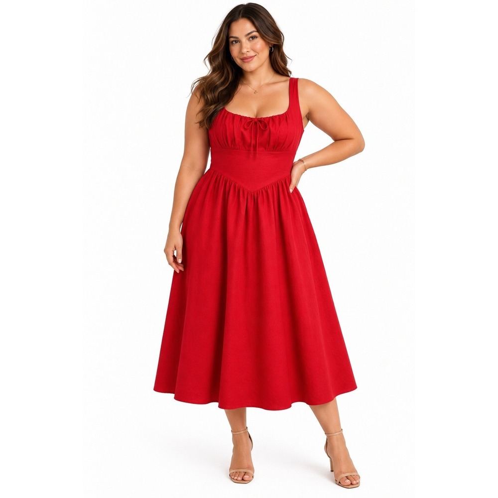 Few Moda Chiara Red Linen Blend Smocked Midi Dress Womens 24W NWT